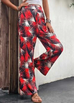 Red Lightweight Leaf Print Elastic Waist Pants -Women Clothing Sales Store 330088 P 16818067614032