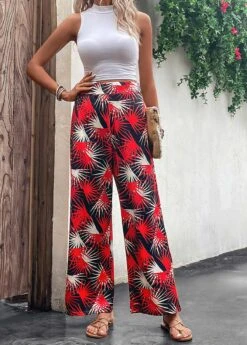 Red Lightweight Leaf Print Elastic Waist Pants -Women Clothing Sales Store 330088 P 16818067619324