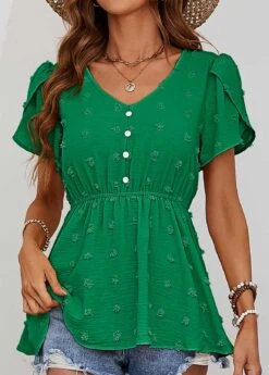 Green Button Short Sleeve V Neck Blouse -Women Clothing Sales Store 330135 P 1679565000275