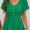 Green Button Short Sleeve V Neck Blouse