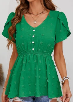 Green Button Short Sleeve V Neck Blouse