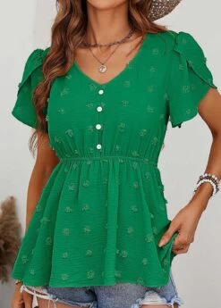Green Button Short Sleeve V Neck Blouse -Women Clothing Sales Store 330135 P 1679565001557