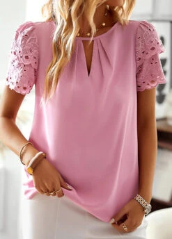 Pink Patchwork Short Sleeve Round Neck Blouse 6 Pink Patchwork Short Sleeve Round Neck Blouse -Women Clothing Sales Store 330137 P 1679565040787