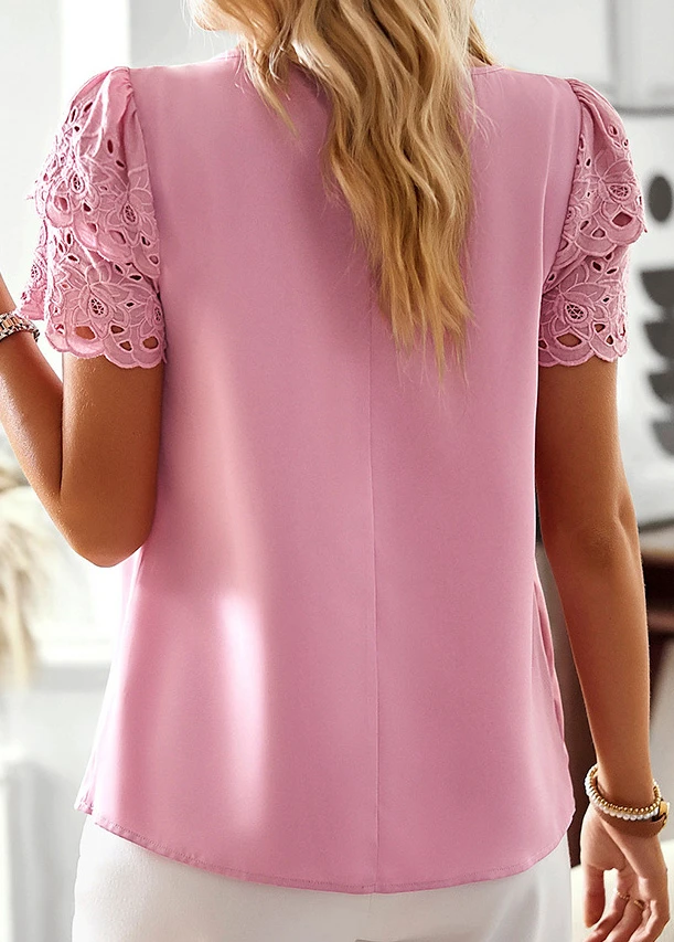 Pink Patchwork Short Sleeve Round Neck Blouse 2 Pink Patchwork Short Sleeve Round Neck Blouse - Image 2
