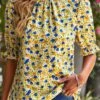 Yellow Ruched Ditsy Floral Print Half Sleeve Blouse