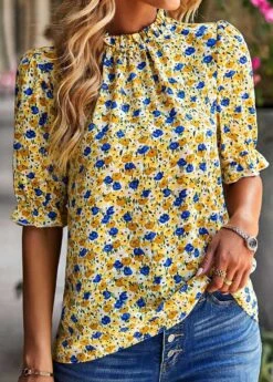 Yellow Ruched Ditsy Floral Print Half Sleeve Blouse -Women Clothing Sales Store 330140 P 1679565098049