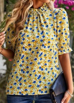 Yellow Ruched Ditsy Floral Print Half Sleeve Blouse -Women Clothing Sales Store 330140 P 1679565098783