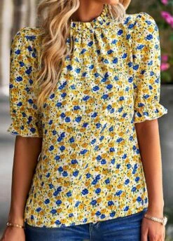 Yellow Ruched Ditsy Floral Print Half Sleeve Blouse -Women Clothing Sales Store 330140 P 1679565099614