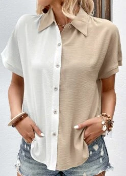 White Button Short Sleeve Shirt Collar Blouse