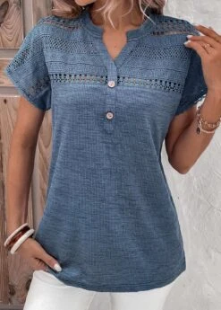 Dusty Blue Lace Short Sleeve Split Neck Blouse 9 Dusty Blue Lace Short Sleeve Split Neck Blouse -Women Clothing Sales Store 330369 P 16867429310943