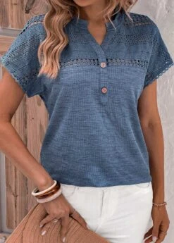 Dusty Blue Lace Short Sleeve Split Neck Blouse 11 Dusty Blue Lace Short Sleeve Split Neck Blouse -Women Clothing Sales Store 330369 P 16867429312305