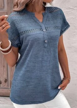 Dusty Blue Lace Short Sleeve Split Neck Blouse 8 Dusty Blue Lace Short Sleeve Split Neck Blouse -Women Clothing Sales Store 330369 P 16867429312762