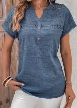 Dusty Blue Lace Short Sleeve Split Neck Blouse 10 Dusty Blue Lace Short Sleeve Split Neck Blouse -Women Clothing Sales Store 330369 P 16867429315304