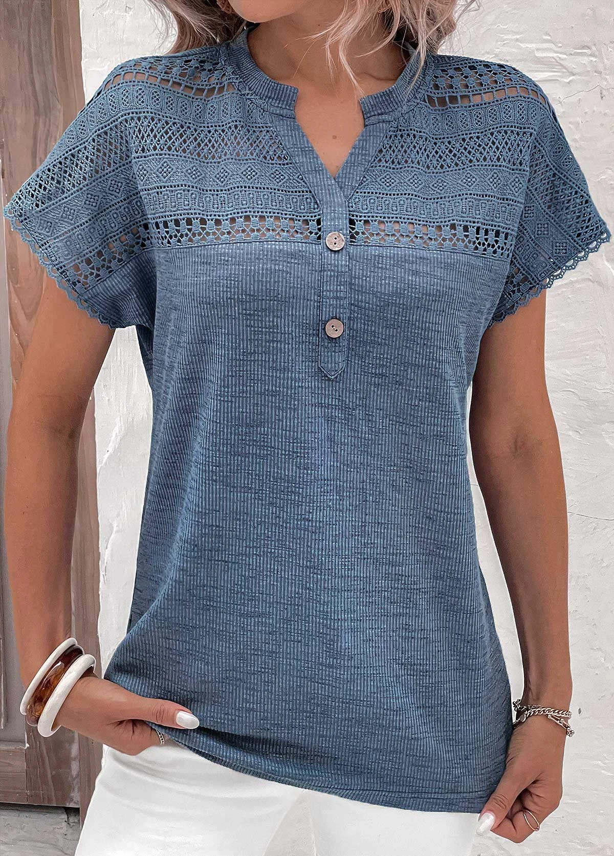 Dusty Blue Lace Short Sleeve Split Neck Blouse 1 Dusty Blue Lace Short Sleeve Split Neck Blouse