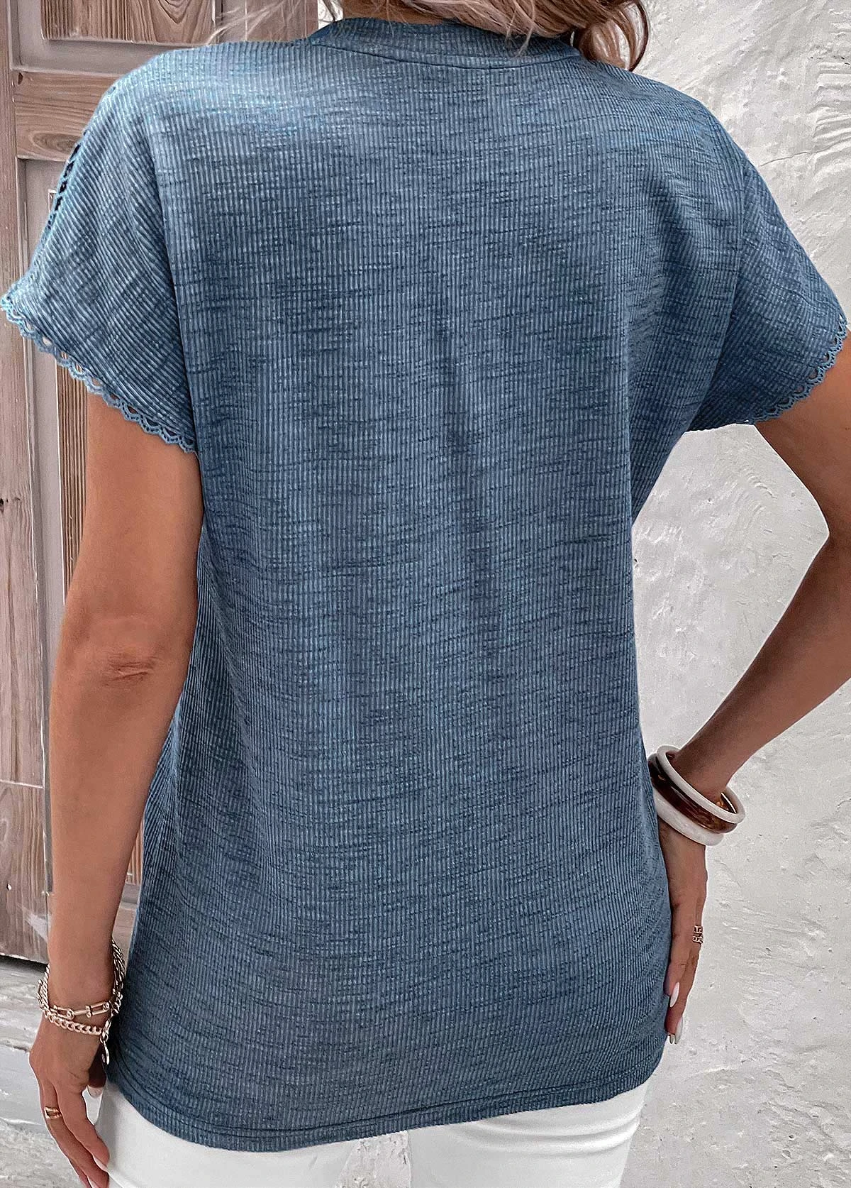 Dusty Blue Lace Short Sleeve Split Neck Blouse 2 Dusty Blue Lace Short Sleeve Split Neck Blouse - Image 2