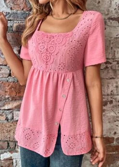 Pink Button Short Sleeve Square Neck Blouse -Women Clothing Sales Store 330470 P 16835949210234