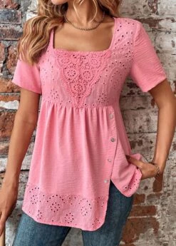 Pink Button Short Sleeve Square Neck Blouse -Women Clothing Sales Store 330470 P 16835949213115