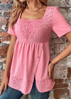 Pink Button Short Sleeve Square Neck Blouse -Women Clothing Sales Store 330470 P 16835949214343