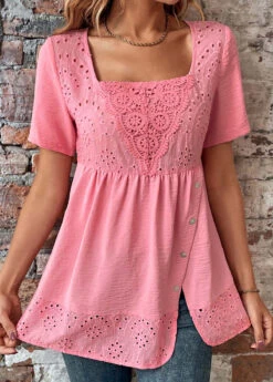 Pink Button Short Sleeve Square Neck Blouse -Women Clothing Sales Store 330470 P 16835949217872