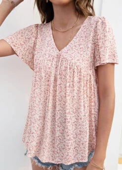 Pink Smocked Ditsy Floral Print Short Sleeve Blouse -Women Clothing Sales Store 331023 P 1680583715384