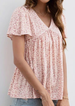 Pink Smocked Ditsy Floral Print Short Sleeve Blouse -Women Clothing Sales Store 331023 P 1680583715685
