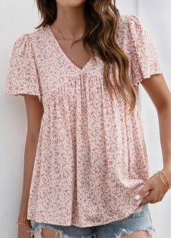 Pink Smocked Ditsy Floral Print Short Sleeve Blouse -Women Clothing Sales Store 331023 P 1680583715835