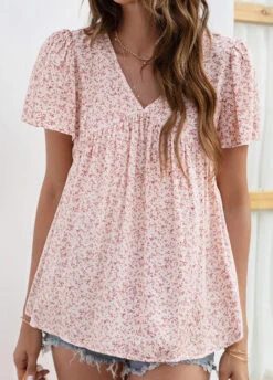 Pink Smocked Ditsy Floral Print Short Sleeve Blouse -Women Clothing Sales Store 331023 P 1680583716884