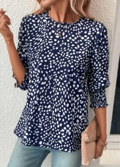 Navy Button Polka Dot Half Sleeve Blouse -Women Clothing Sales Store 331079 P 16831818242952