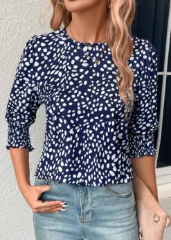 Navy Button Polka Dot Half Sleeve Blouse -Women Clothing Sales Store 331079 P 16831818245234