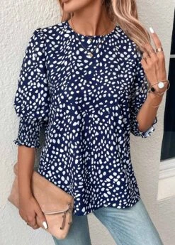 Navy Button Polka Dot Half Sleeve Blouse -Women Clothing Sales Store 331079 P 16831818249685