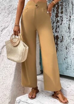 Light Camel Button High Waisted Pants -Women Clothing Sales Store 331268 P 1680769478543