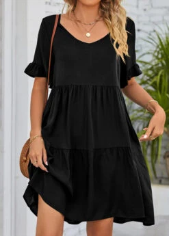Black Ruched A Line Half Sleeve Dress
