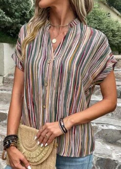 Green Button Striped Short Sleeve Blouse -Women Clothing Sales Store 331608 P 16847187504812