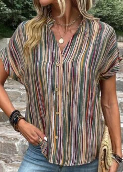 Green Button Striped Short Sleeve Blouse -Women Clothing Sales Store 331608 P 16847187507833