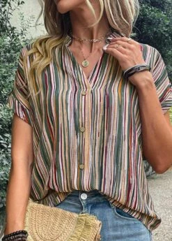 Green Button Striped Short Sleeve Blouse -Women Clothing Sales Store 331608 P 16847187510434