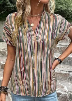 Green Button Striped Short Sleeve Blouse -Women Clothing Sales Store 331608 P 16847187515875