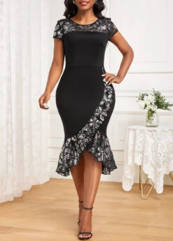 Black Patchwork Short Sleeve Round Neck Bodycon Dress -Women Clothing Sales Store 331686 P 16843229010434