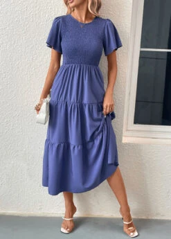 Blue Smocked Short Sleeve Round Neck Dress -Women Clothing Sales Store 331696 P 16831817472494
