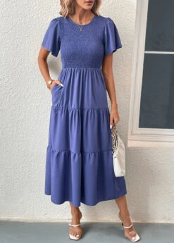 Blue Smocked Short Sleeve Round Neck Dress -Women Clothing Sales Store 331696 P 16831817474503