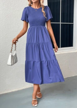Blue Smocked Short Sleeve Round Neck Dress -Women Clothing Sales Store 331696 P 16831817475202