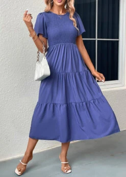 Women Clothing Sales Store 32 Blue Smocked Short Sleeve Round Neck Dress