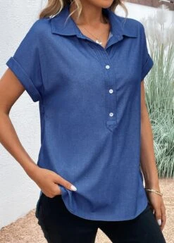 Denim Blue Button Short Sleeve Shirt Collar Blouse -Women Clothing Sales Store 331875 P 16851007942452