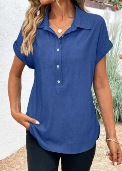 Denim Blue Button Short Sleeve Shirt Collar Blouse -Women Clothing Sales Store 331875 P 16851007943834