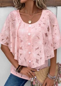 Pink Button Half Sleeve Round Neck Blouse -Women Clothing Sales Store 331877 P 16859293046710