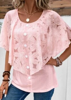 Pink Button Half Sleeve Round Neck Blouse -Women Clothing Sales Store 331877 P 16859293058473