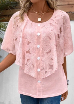 Pink Button Half Sleeve Round Neck Blouse -Women Clothing Sales Store 331877 P 16859293058914
