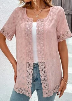 Pink Lace Short Sleeve Round Neck Topper -Women Clothing Sales Store 331969 P 16847569183723