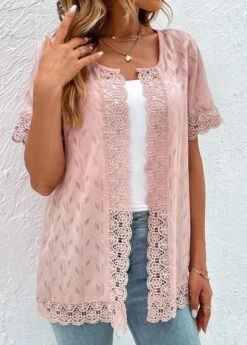Pink Lace Short Sleeve Round Neck Topper -Women Clothing Sales Store 331969 P 16847569183882