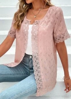 Pink Lace Short Sleeve Round Neck Topper -Women Clothing Sales Store 331969 P 16847569184705