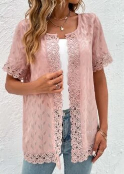 Pink Lace Short Sleeve Round Neck Topper -Women Clothing Sales Store 331969 P 16847569188314